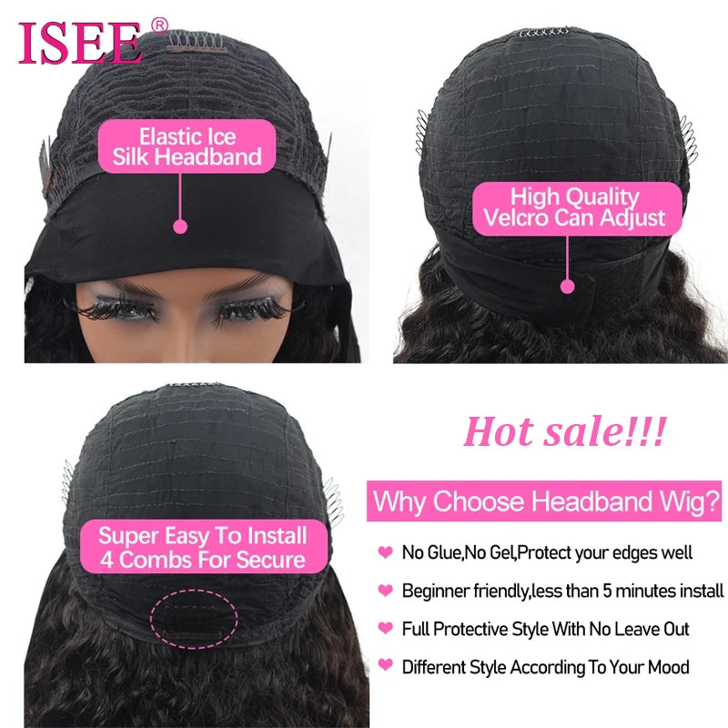 Lina Wig's - Short Headband Wig – 250 % Perruque naturelle Water Wave bandeau glueless – Beauty4Hair